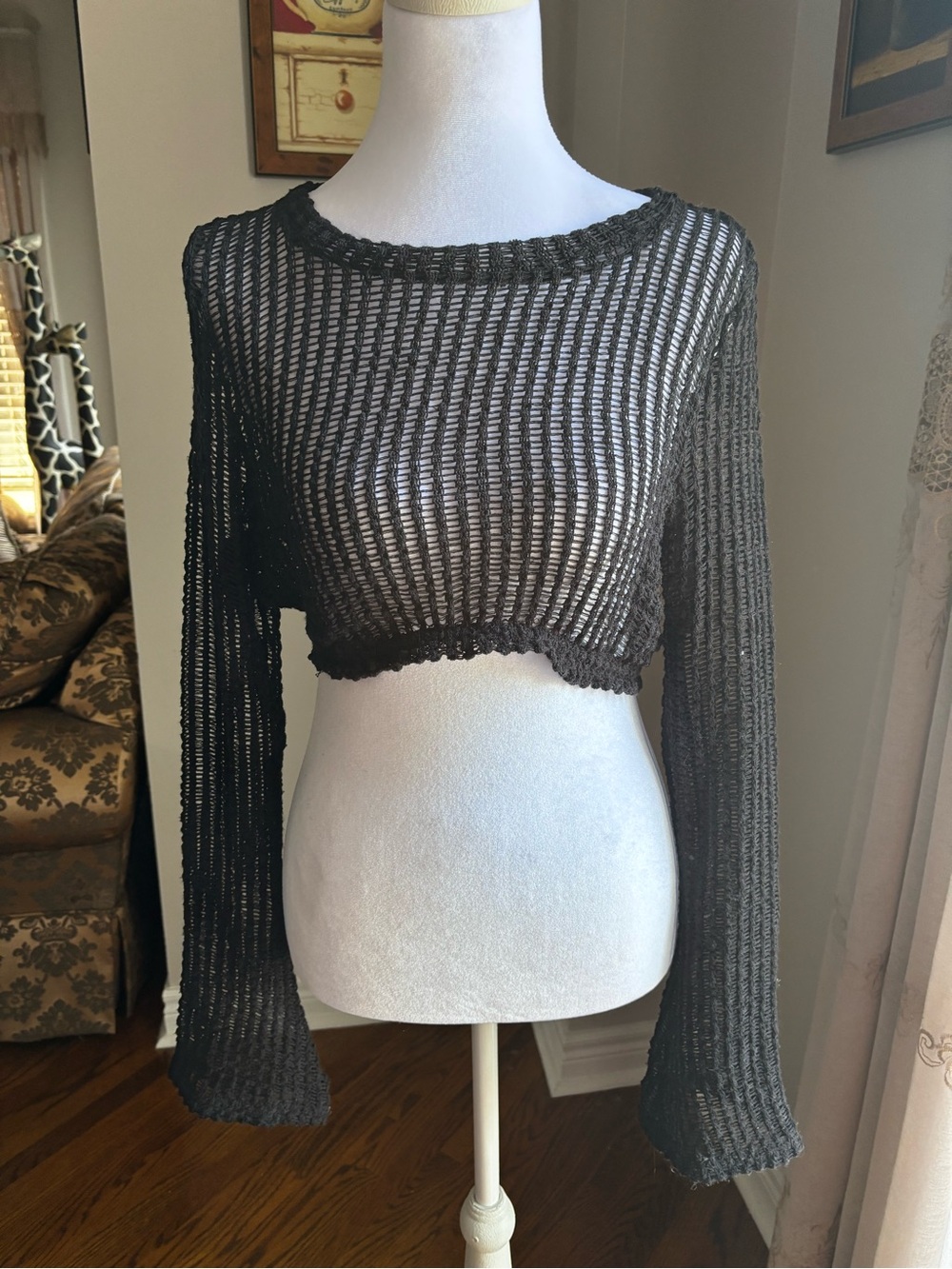 Sheer Cropped Knit Long Sleeve Top in Black